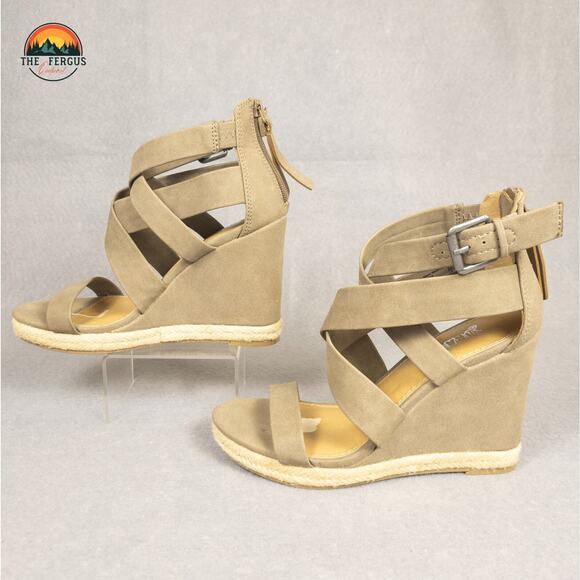 Brash Wedge Strappy Heel Sandal Tan Nude Jute Back Zip Open Toe Women's Size 7 - Picture 3 of 12